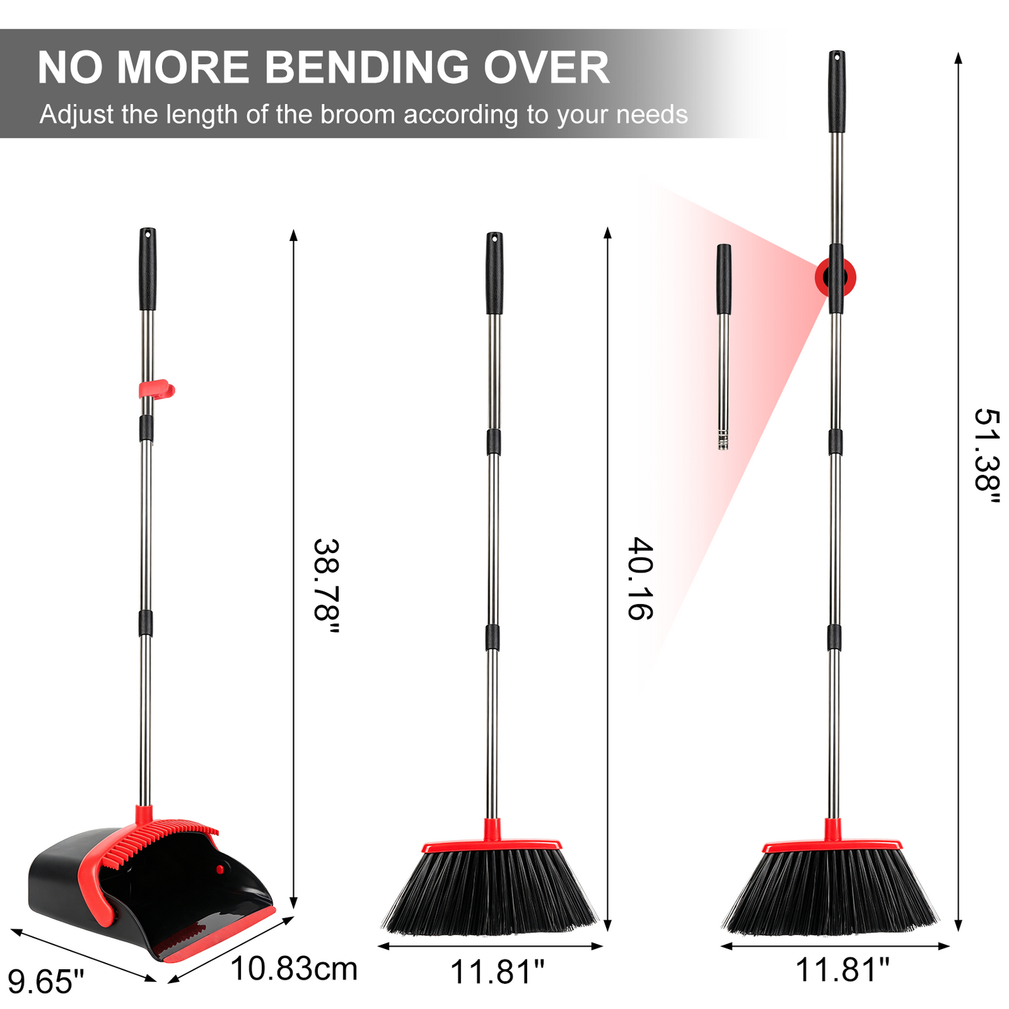 Upgrade Broom and Dustpan Set, TAIMASI Broom with Dustpan Combo with 52" Long Adjustable Handle, Ideal for Indoor Outdoor Garage Kitchen Room Office Lobby Use (Black&Red)