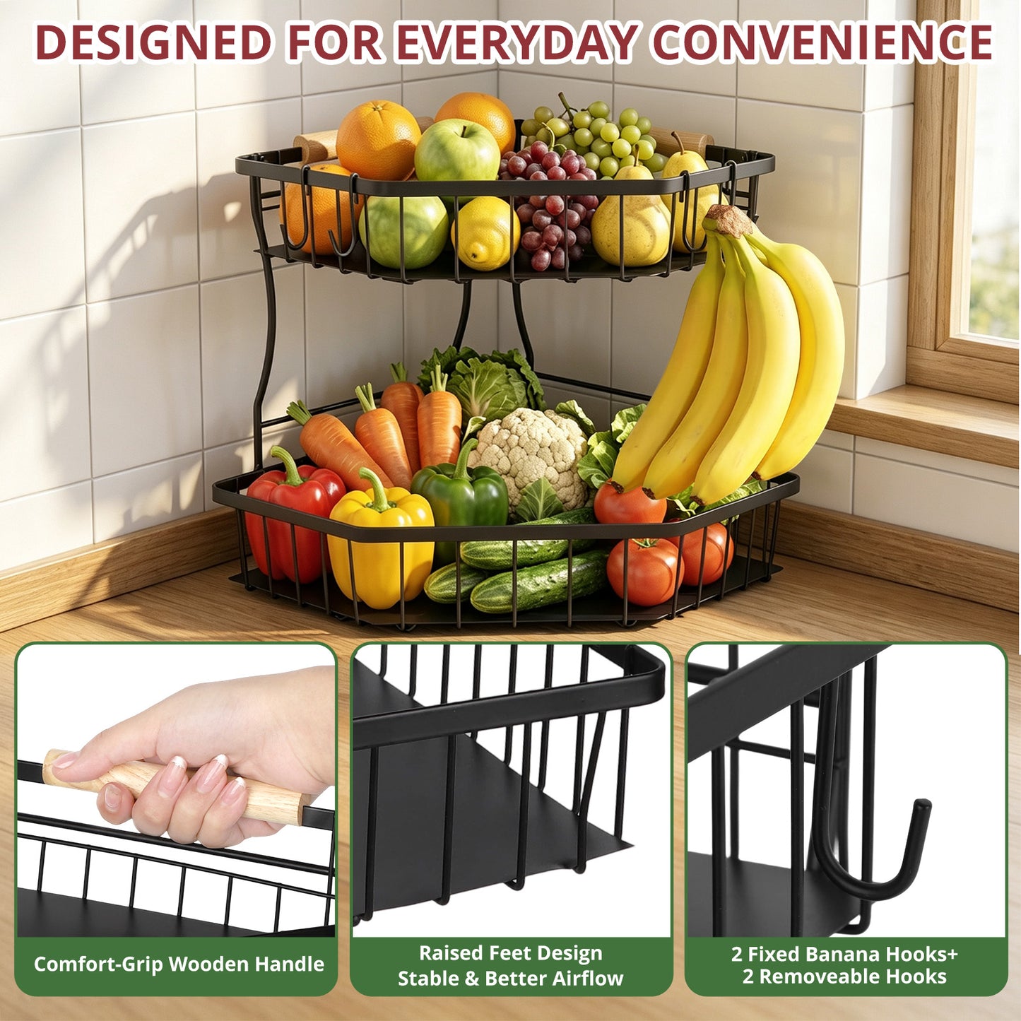 2-Tier Large Fruit Basket for Kitchen Counter with 4 Banana Hangers, Detachable Metal Fruit Bowl with Wooden Handle, Fruit Stand/Fruit Holder for Bread, Snacks, Vegetables,Produce with Protective Mat