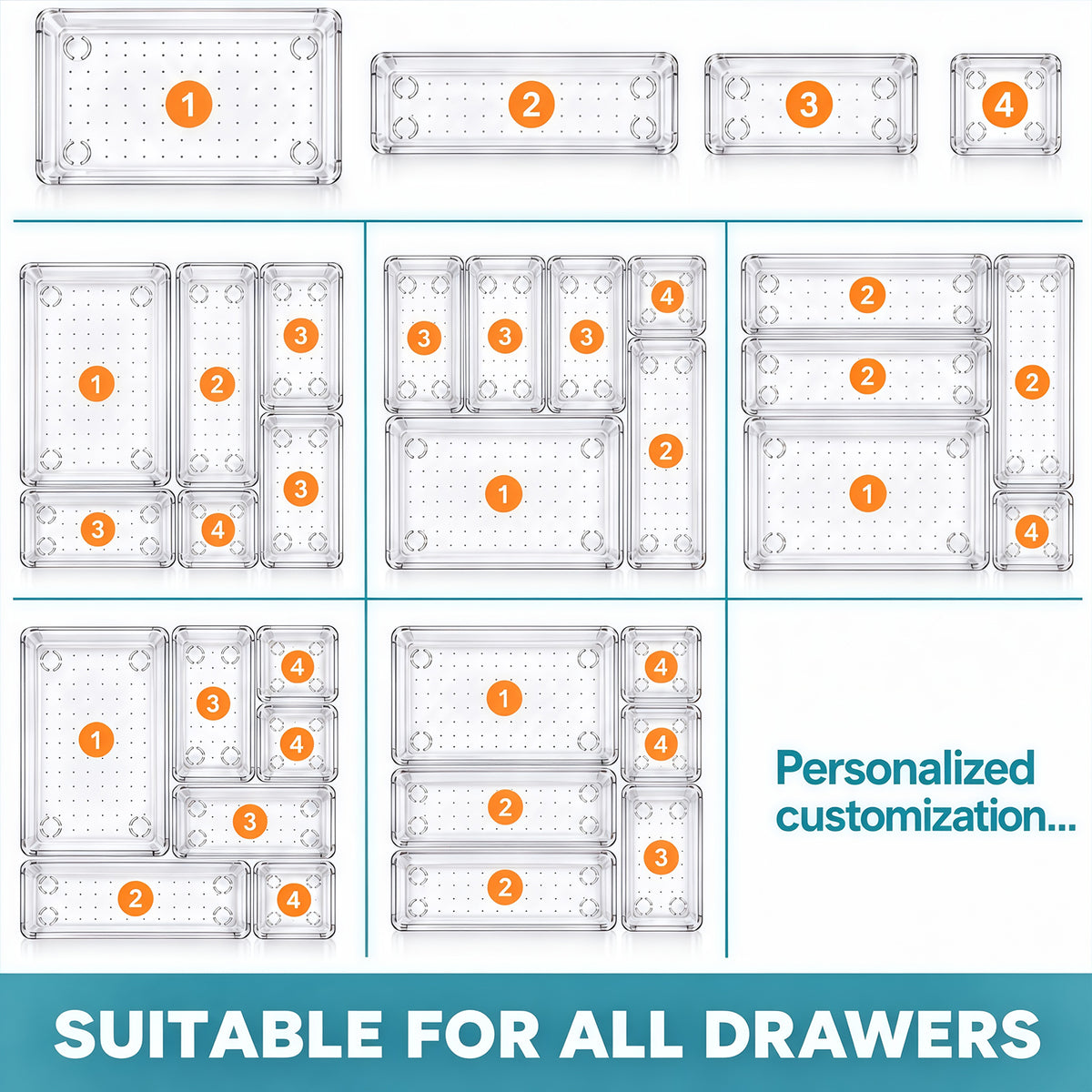 TAIMASI 72 Pcs Clear Plastic Drawer Organizer Set, 4 Sizes Desk Drawer Divider Organizers and Storage Bins for Makeup, Jewelry, Gadgets for Kitchen, Bedroom, Bathroom, Office