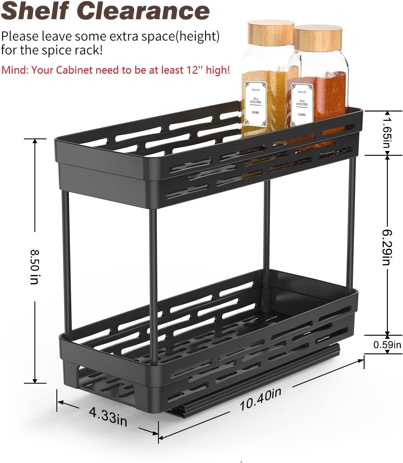 2 Pack Pull Out Spice Rack Organizer for Cabinet, AOKIWO Multi-Purpose Kitchen Storage Cabinet Organizer, Fits 12"H x 11"D x 5"W, Black