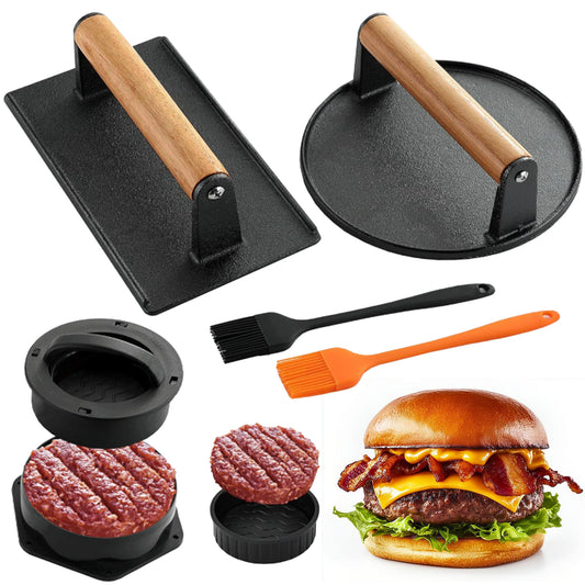 Mibote 7 " Round 8.2" x 4.3" Rectangle Cast iron Grill Press with Wooden Handle,Burger Press, Silicone Brush