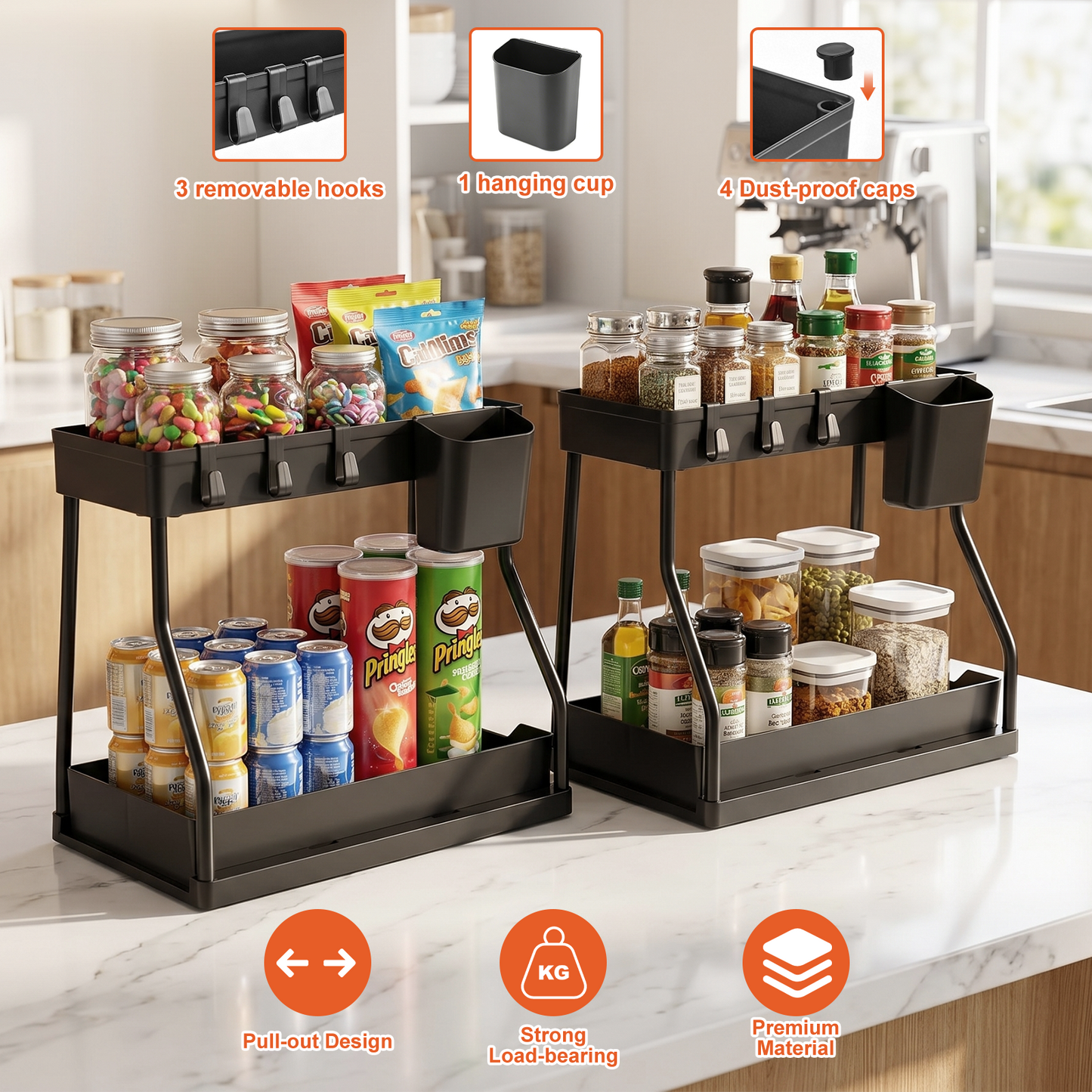 2 Pack Under Sink Organizer, 2 Tier L-Shaped Pull Out Cabinet Organizer for Kitchen and Bathroom, Space Saving Sliding Drawer Storage Rack, Durable Plastic Narrow Space Shelves, Black