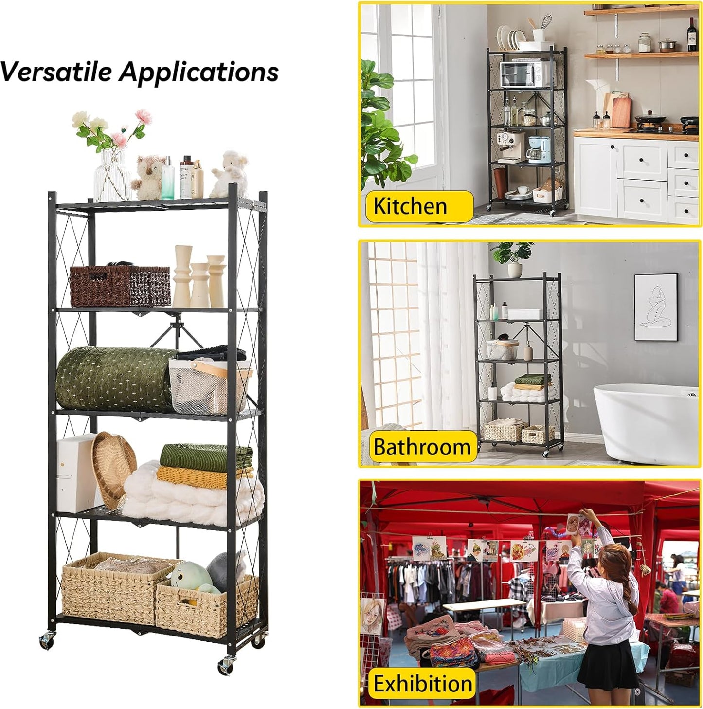 5-Tier Foldable Metal Storage Shelf with Wheels, Heavy-Duty Movable Wire Rack for Garage, Kitchen, Basement, Pantry, 28''L x 13.4''W x 61.4''H-Black