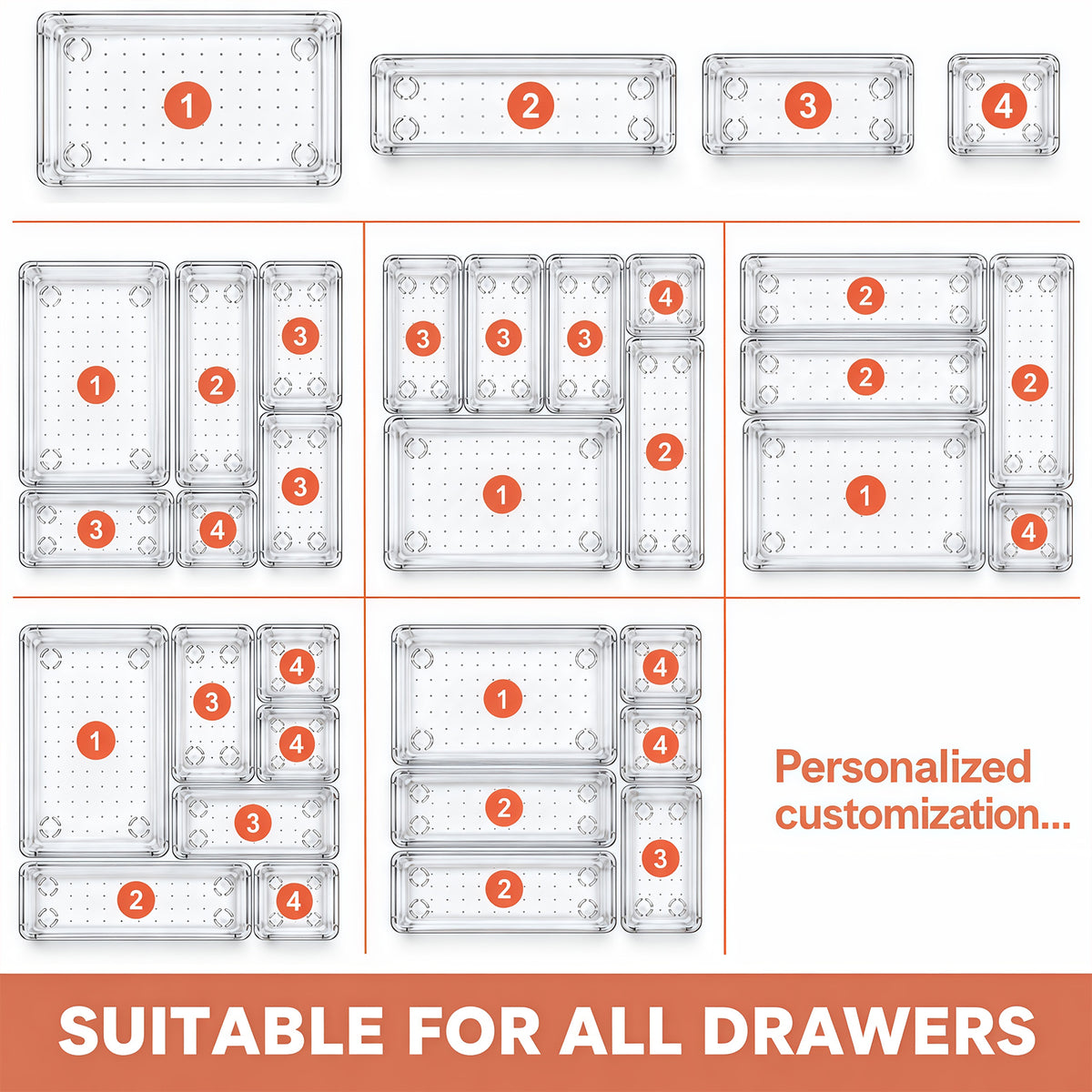 TAIMASI 38 Pcs Clear Plastic Drawer Organizer Set, 4 Sizes Desk Drawer Divider Organizers and Storage Bins for Makeup, Jewelry, Gadgets for Kitchen, Bedroom, Bathroom, Office