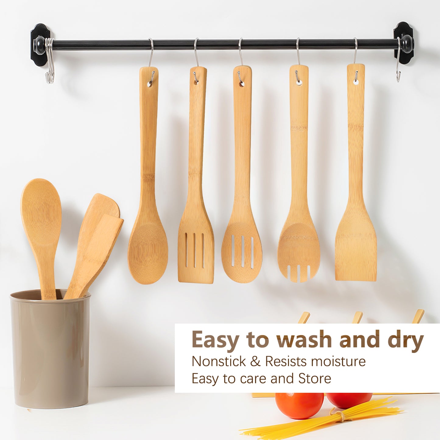 Wooden Spoons for Cooking, TAIMASI 6Pcs Banboo Spatula Spoon Tongs Utensils Set for Kitchen Cookware