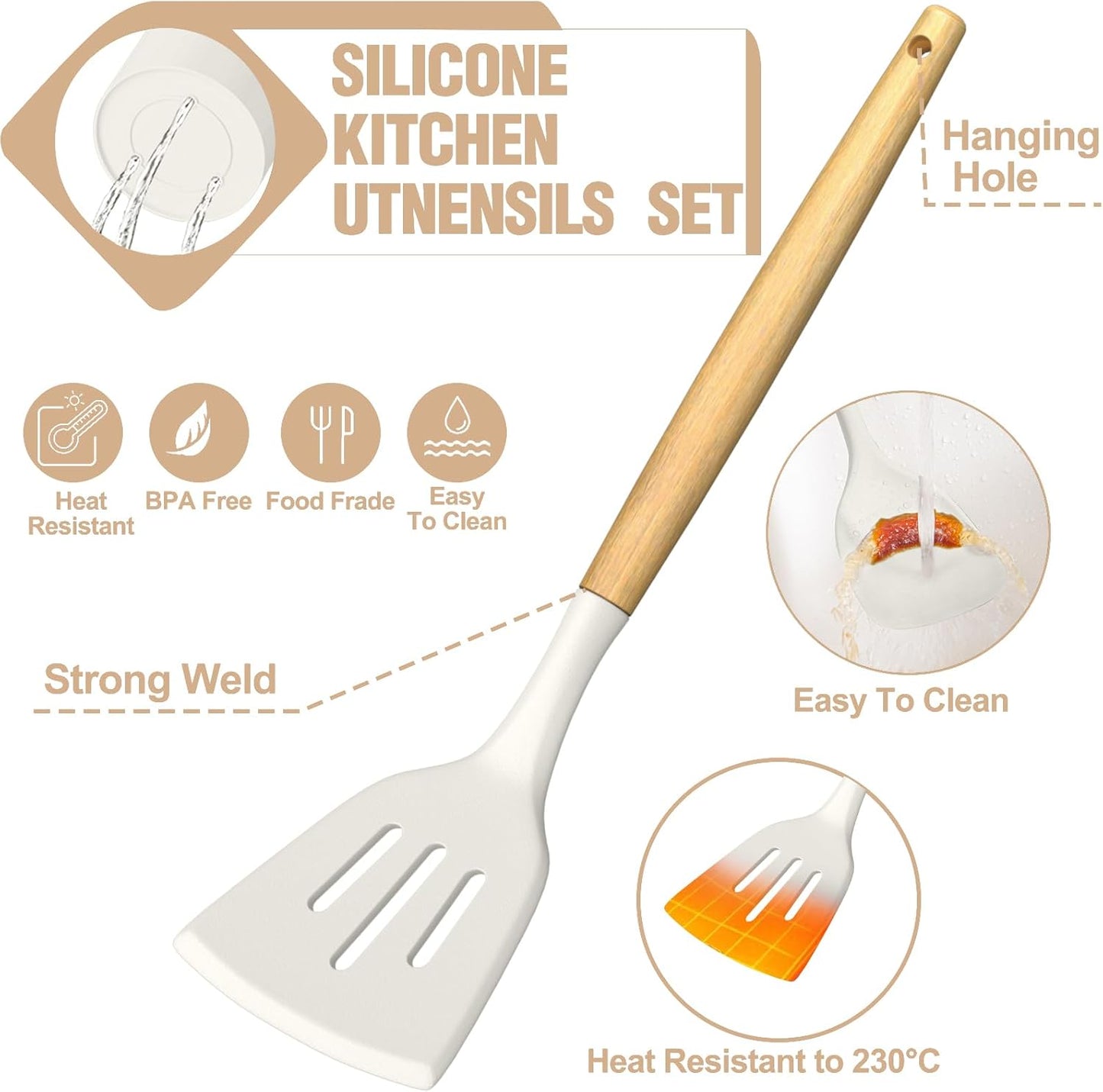 Kitchen Utensils Set- 34PCS Silicone Cooking Utensils with Holder, Heat Resistant Kitchen Utensil Spatula Set for Nonstick Cookware, Black Wooden Handles Kitchen Gadgets Tools Set-White