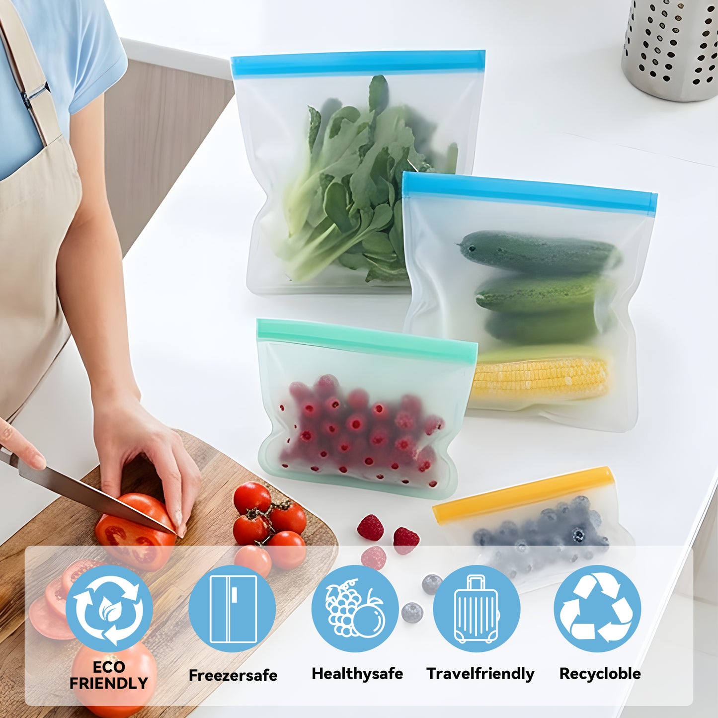 Reusable Food Storage Bags, Silicone Bags for Food Storage, Leakproof Airtight, BPA Free, Freezer Safe, 3 Sizes Reusable Freezer Bags for Meal Prep, Snacks, Fridge, Travel