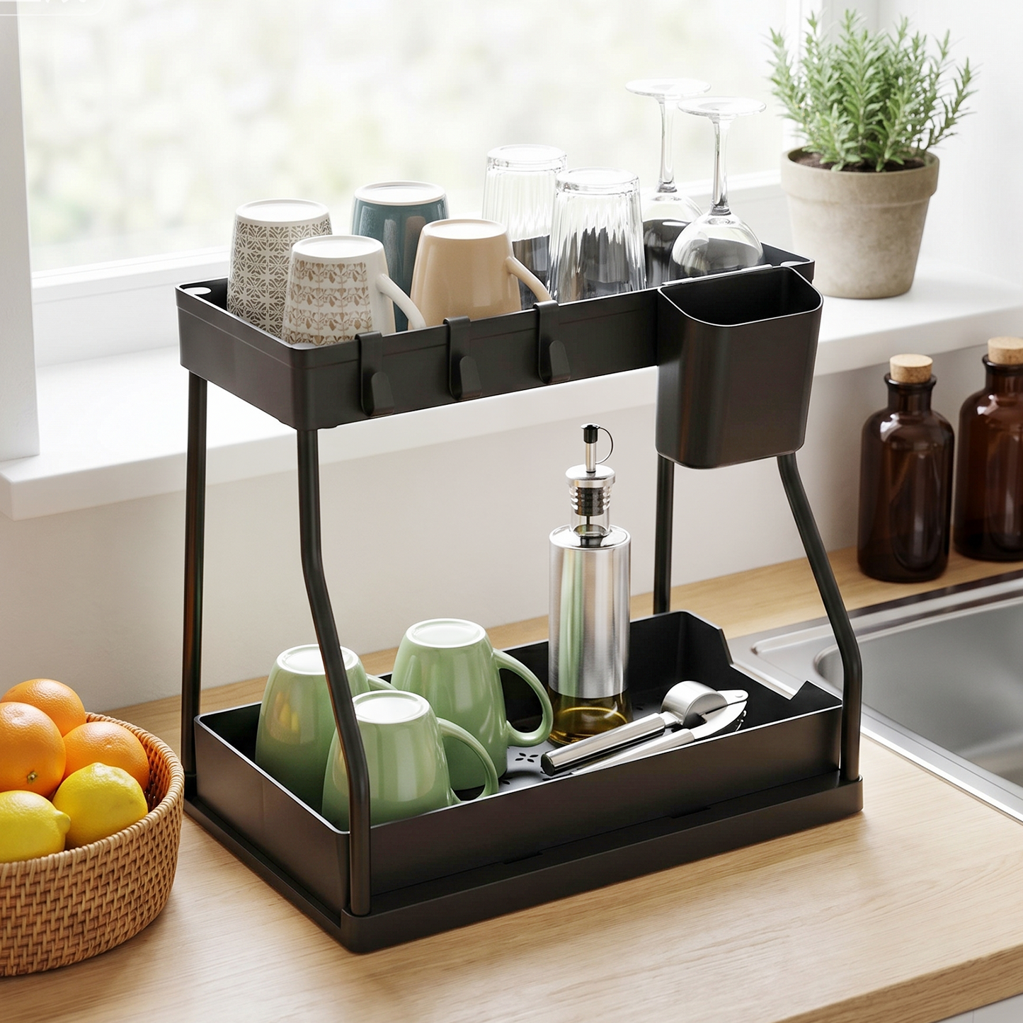 1 Pack Under Sink Organizer, 2 Tier L-Shaped Pull Out Cabinet Organizer for Kitchen and Bathroom, Space Saving Sliding Drawer Storage Rack, Durable Plastic Narrow Space Shelves, Black