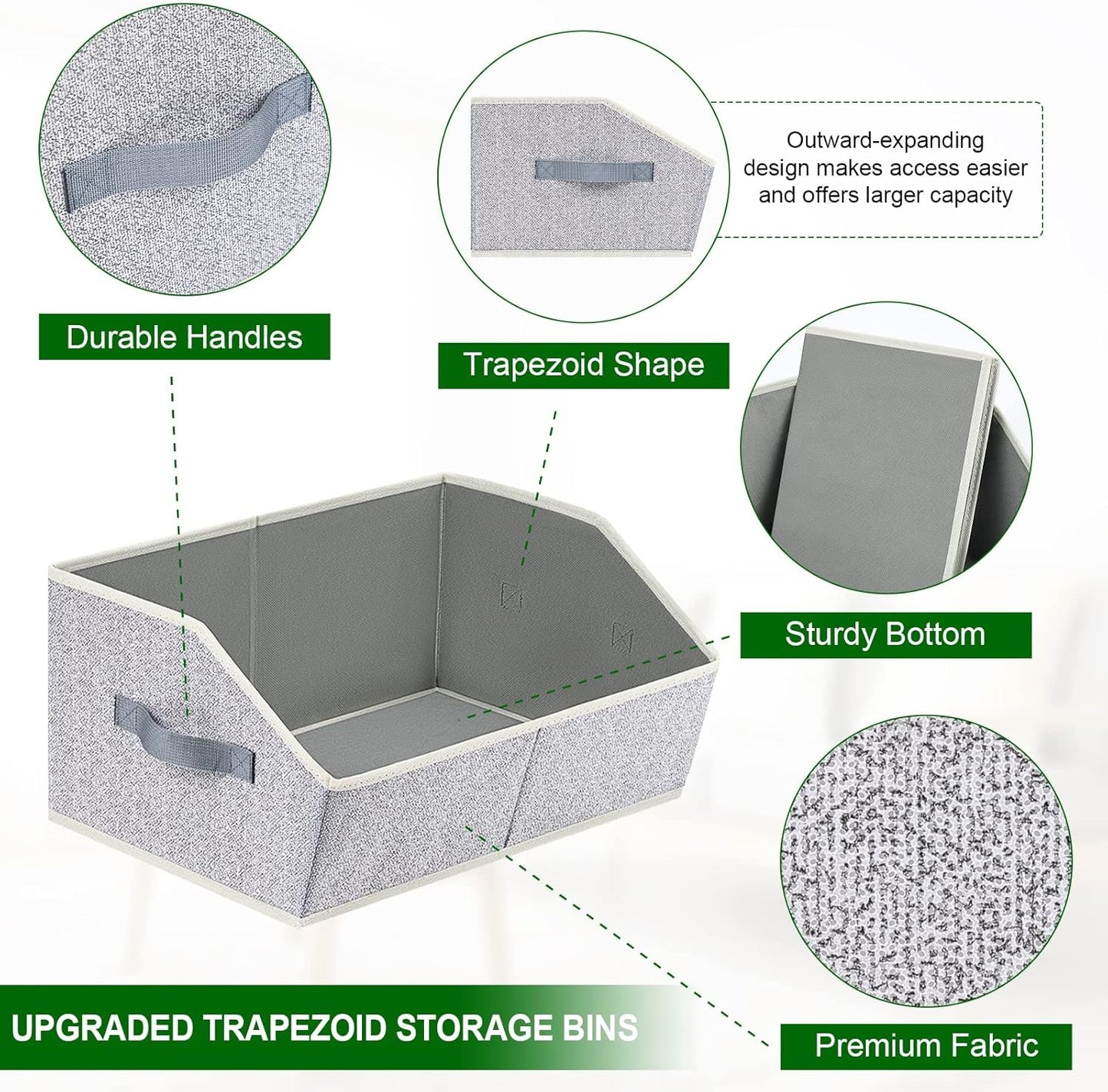 6 Pack Closet Organizers Bins, Large Trapezoid Closet Shelf Organizer with Handles, Fabric Storage Bins, Collapsible Storage Cubes for Clothes, Towels - Light Gray