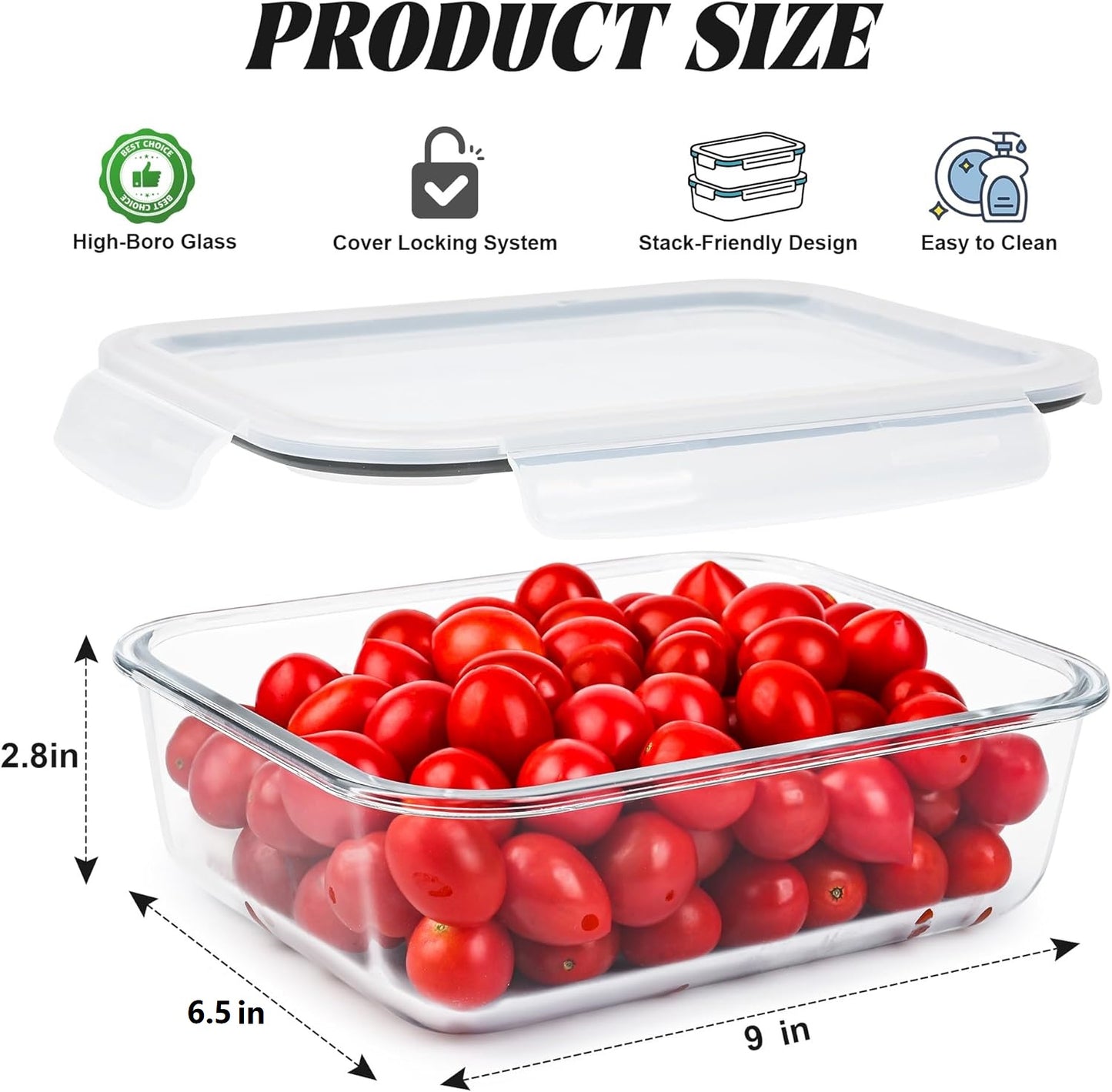TAIMASI 4 Pcs Glass Food Storage Containers Set, 8 Cup/63 Oz Baking Containers with Leak-Proof Lids (2 containers + 2 Lids), Meal Prep, Lunch Box, Gray