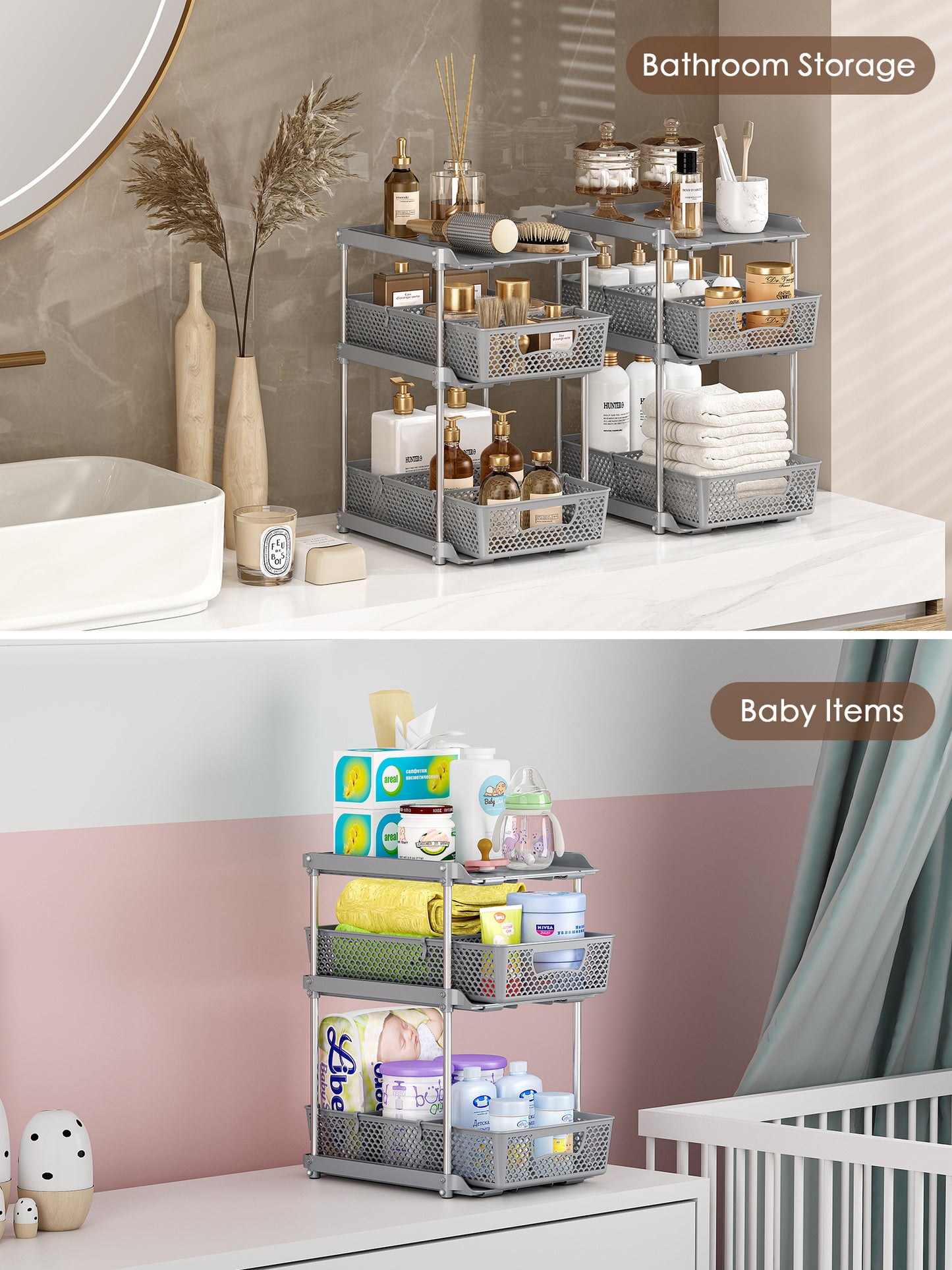 TAIMASI Pull-Out 3 Tier Bathroom Organizers and Storage, Under Sink Organizer, Kitchen Cabinet Organizer Gray, 1 (Count)