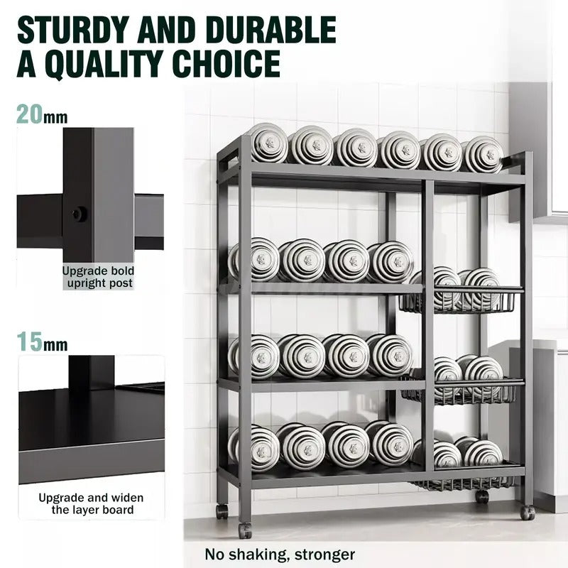 4-Tier Movable Storage Rack, Heavy-Duty Metal Shelf with 3 Wire Baskets and Wheels, Metal Shelves Organizer for Kitchen, Bathroom, Office, Garage