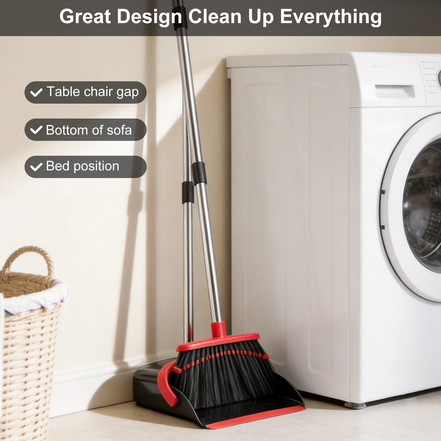 Upgrade Broom and Dustpan Set, TAIMASI Broom with Dustpan Combo with 52" Long Adjustable Handle, Ideal for Indoor Outdoor Garage Kitchen Room Office Lobby Use (Black&Red)