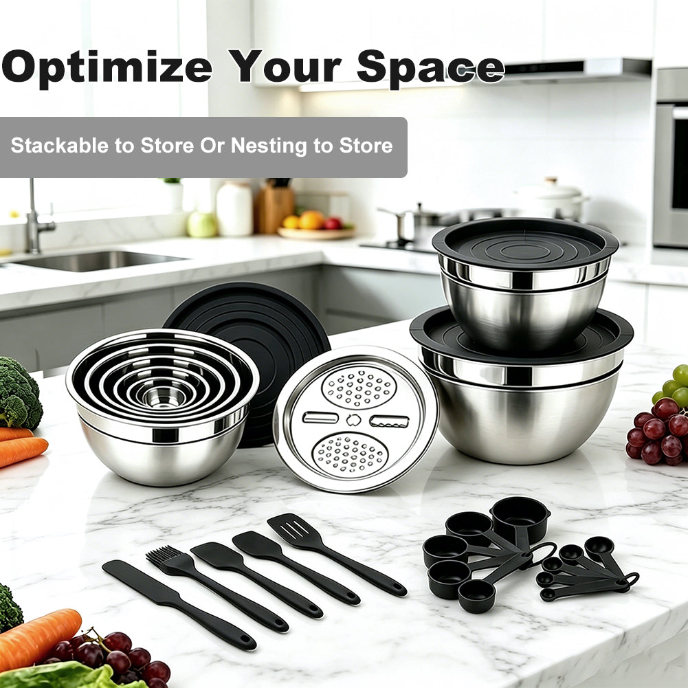Mixing Bowls with Airtight Lids Set, TAIMASI 30 PCS Stainless Steel Mixing Bowl Set w Colander & Grater, Kitchen Serving Gadgets and Tools