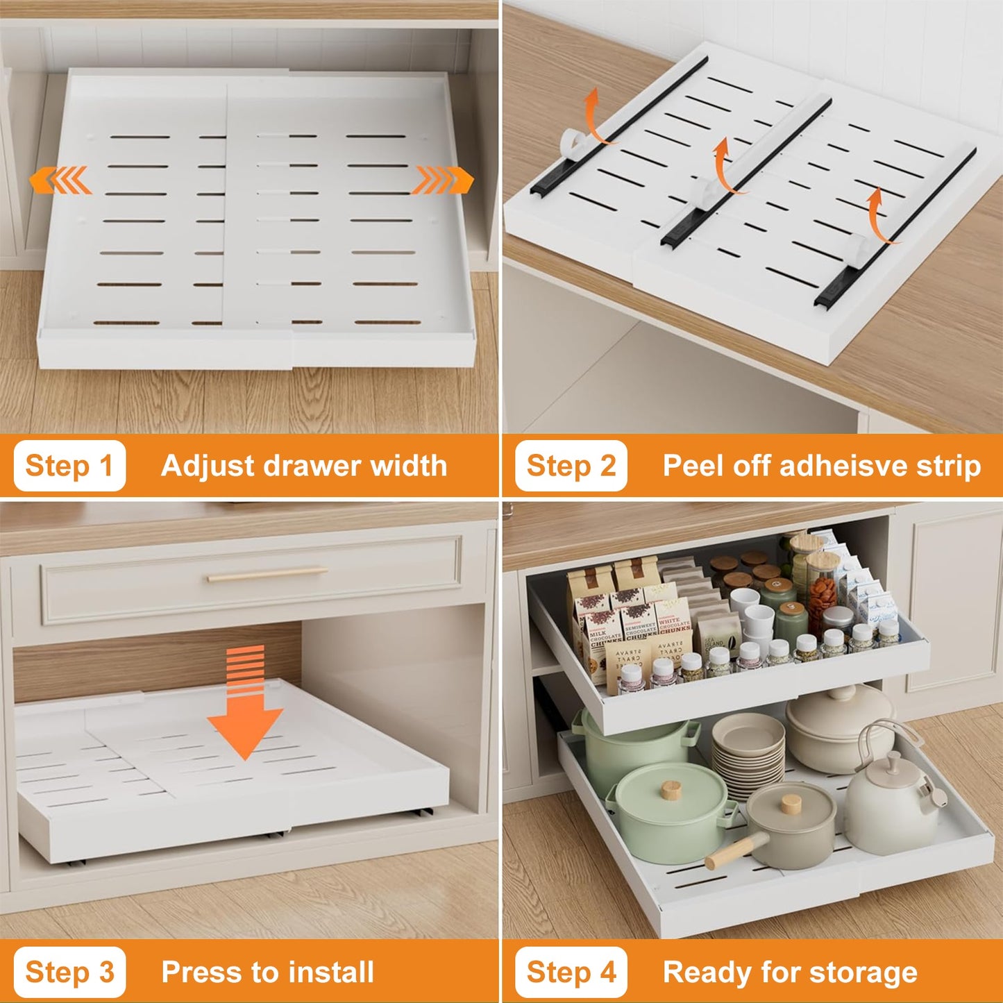 2 Packs Expandable Carbon Steel Pull Out Cabinet Organizer, TAIMASI Upgrade Kitchen Steel 21'' 3 Slide Rails Sliding Organizer Drawers for Cabinets