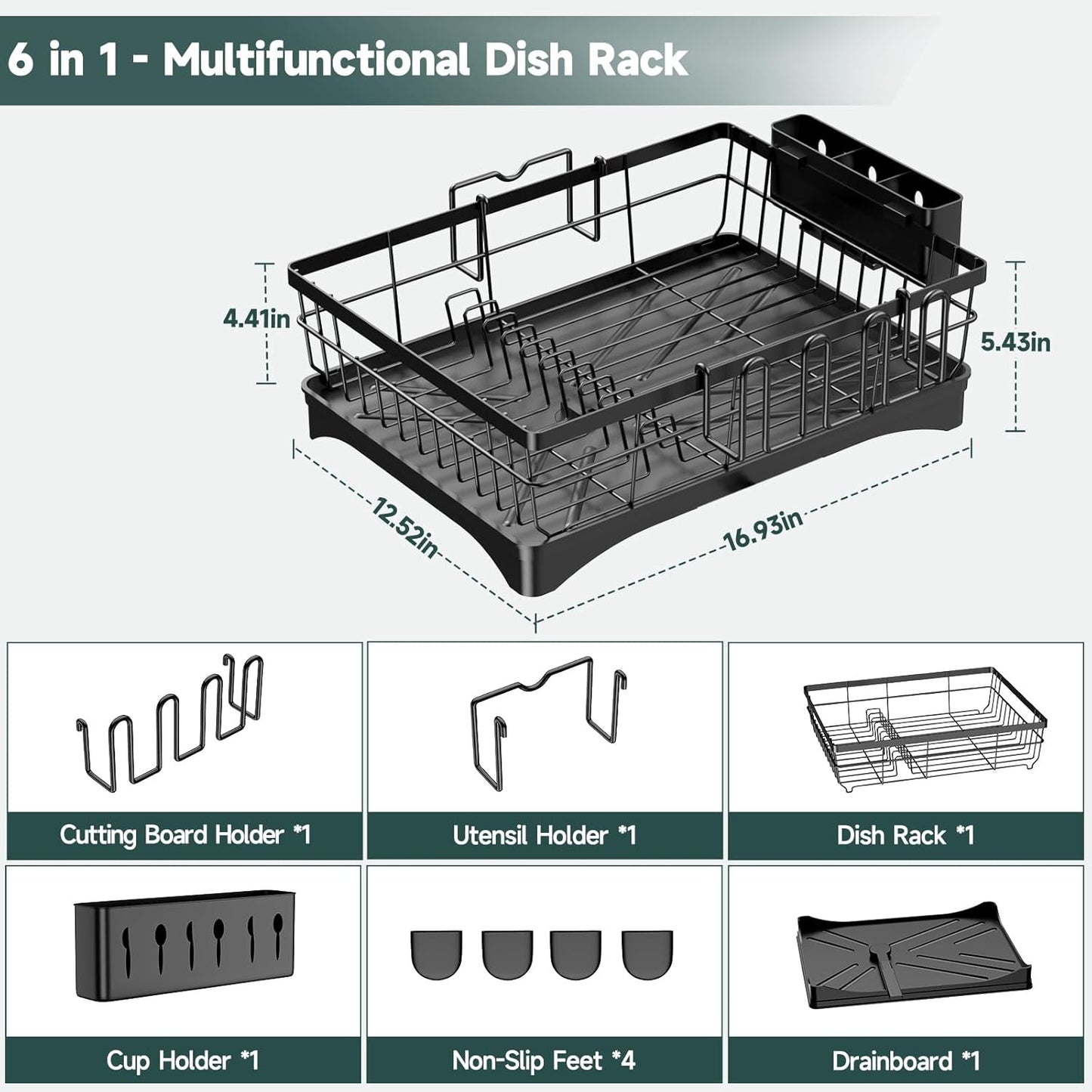 AOKIWO Dish Drying Rack, Durable Stainless Steel Large Dish Rack Kitchen Counter Dish Drainer with Drainboard Over Sink for Cups, Knives, Spoons, and Forks (L16.9"*W12.5")