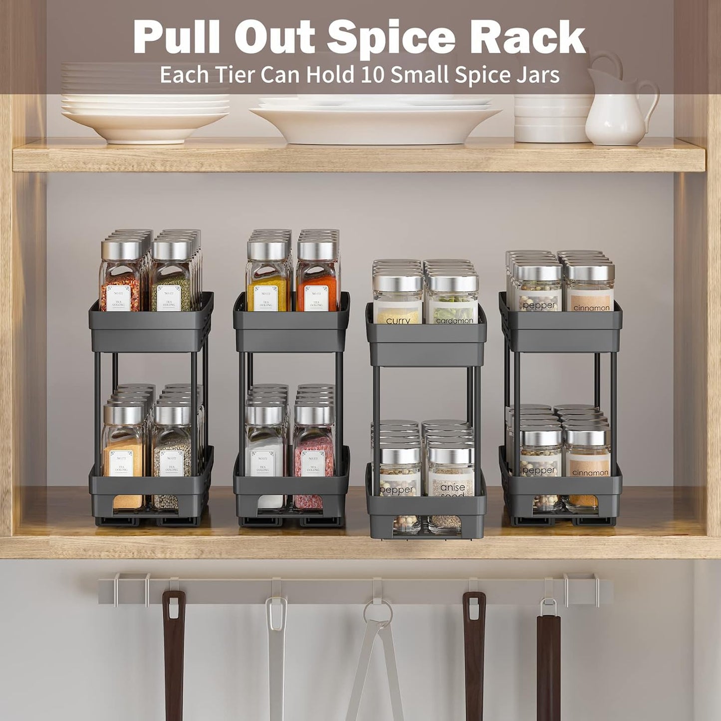 3 Packs Pull Out Spice Rack Organizer for Cabinet, AOKIWO Slide Out Spice Racks Organizer, Easy to Install Spice Cabinet Organizers, 4.33''Wx10.4''Dx8.5''H, Each Tier Hold 10 Spice Jars - 2 Tier