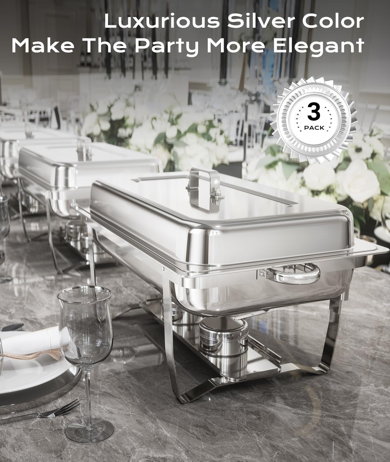 Chafing Dish Buffet Warmers Set, AOKIWO 3 Packs Full Pans 9QT Stainless Steel Chafing Dishes for Buffet, Roll Edge Mirrored Food Warmer Sets for Parties, Events, Wedding, Camping, Dinner