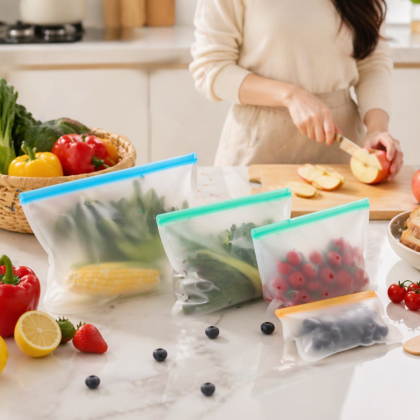 Reusable Food Storage Bags, Silicone Bags for Food Storage, Leakproof Airtight, BPA Free, Freezer Safe, 3 Sizes Reusable Freezer Bags for Meal Prep, Snacks, Fridge, Travel