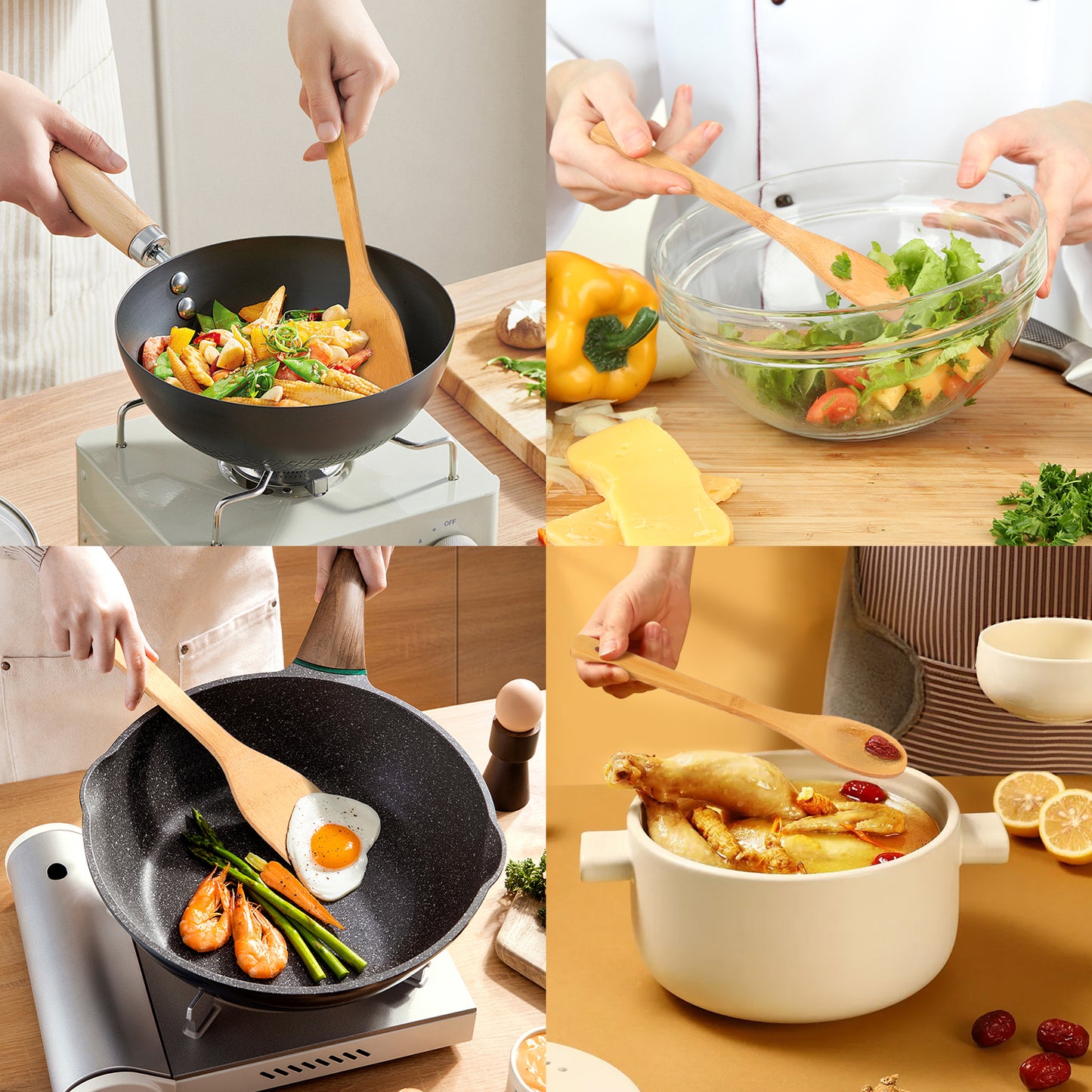 Wooden Spoons for Cooking, TAIMASI 6Pcs Banboo Spatula Spoon Tongs Utensils Set for Kitchen Cookware
