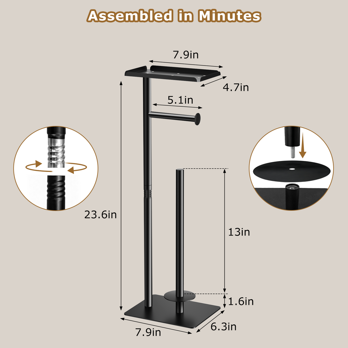 Mibote Toilet Paper Holder Free Standing with Storage Shelf, Metal Bathroom Tissue Holder for 4 Rolls, Matte Black