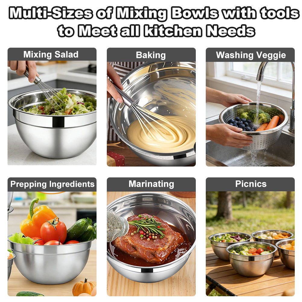 Mixing Bowls with Airtight Lids Set, TAIMASI 30 PCS Stainless Steel Mixing Bowl Set w Colander & Grater, Kitchen Serving Gadgets and Tools