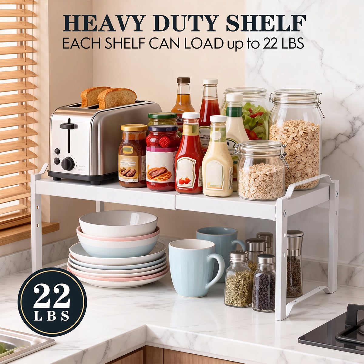 2 Pack Expandable Cabinet Organizer Shelves, Stackable Kitchen Countertop and Pantry Storage, Adjustable Cupboard Shelf Rack, Length 20.5"