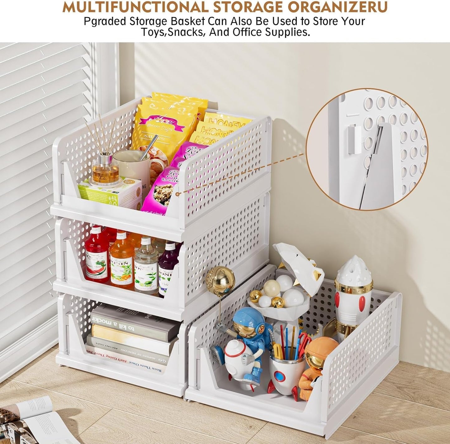 TAIMASI 5 Pack Stackable Closet Storage Basket, Multifunctional Foldable Closet Organizer for Kitchen Bathroom Laundry Room Wardrobe Storage, Space-Saving Clothes Storage Drawer Organizer, White