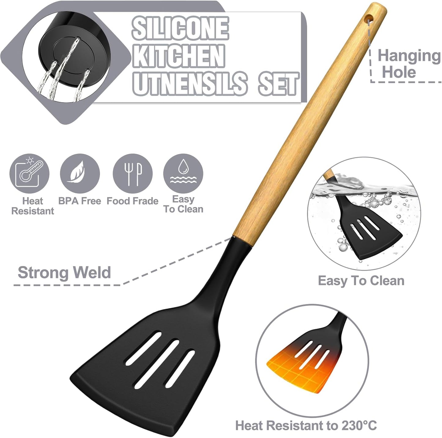 Kitchen Utensil Set, AOKIWO 34Pieces Silicone Cooking Utensil Set with Wooden Handle, Heat Resistant Spatula Set Gadgets Tools Cookware, Black