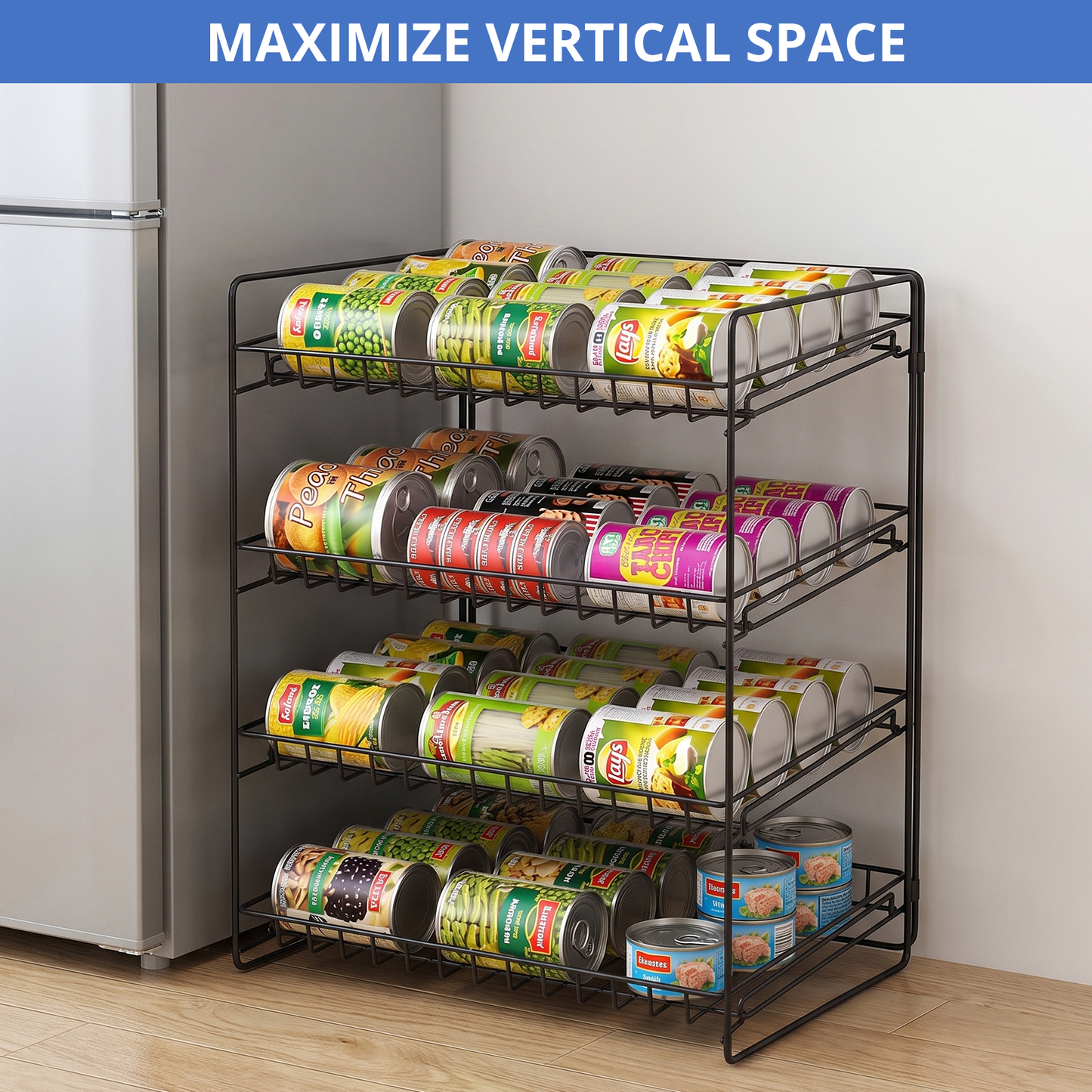 4 Tier Stackable Can Organizer, TAIMASI Stainless Steel Kitchen Cabinet Pantry Organization Food Storage Dispenser Holds Up to 48 Cans,Black