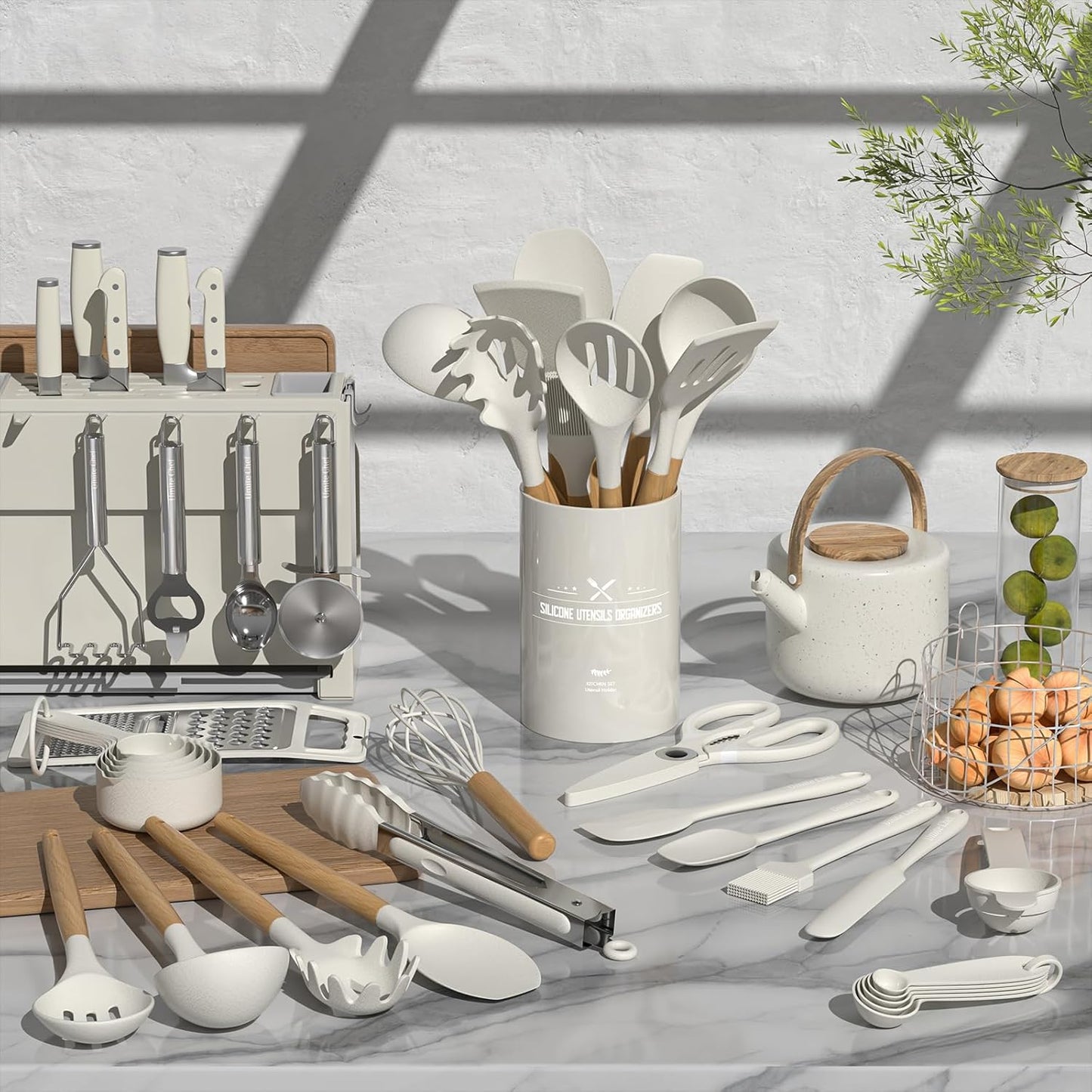Kitchen Utensils Set- 34PCS Silicone Cooking Utensils with Holder, Heat Resistant Kitchen Utensil Spatula Set for Nonstick Cookware, Black Wooden Handles Kitchen Gadgets Tools Set-White