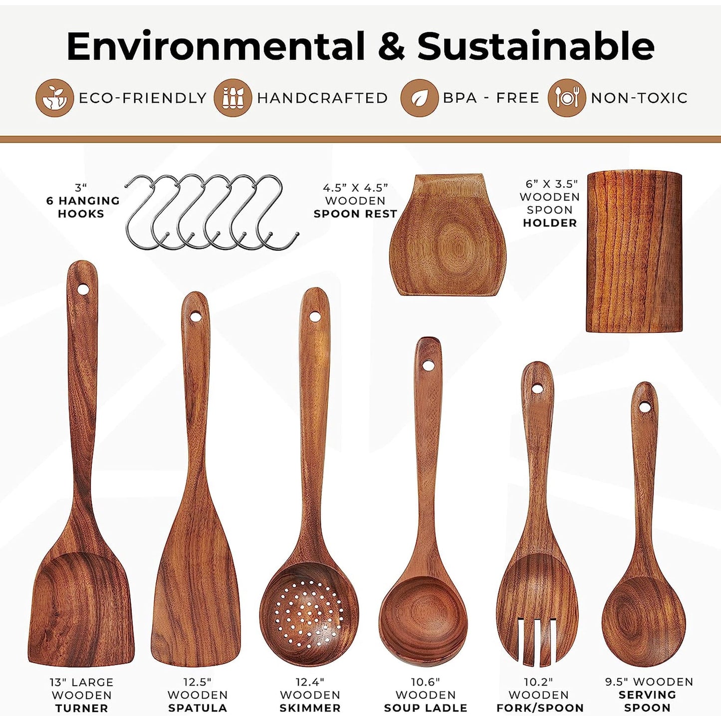 13Pcs Wooden Utensil Set with Holder, AOKIWO Natural Teak Wood Kitchen Utensil Set ,Spoons and Spatula Set with Spoon Rest, Nonstick Kitchen Cookware, Brown