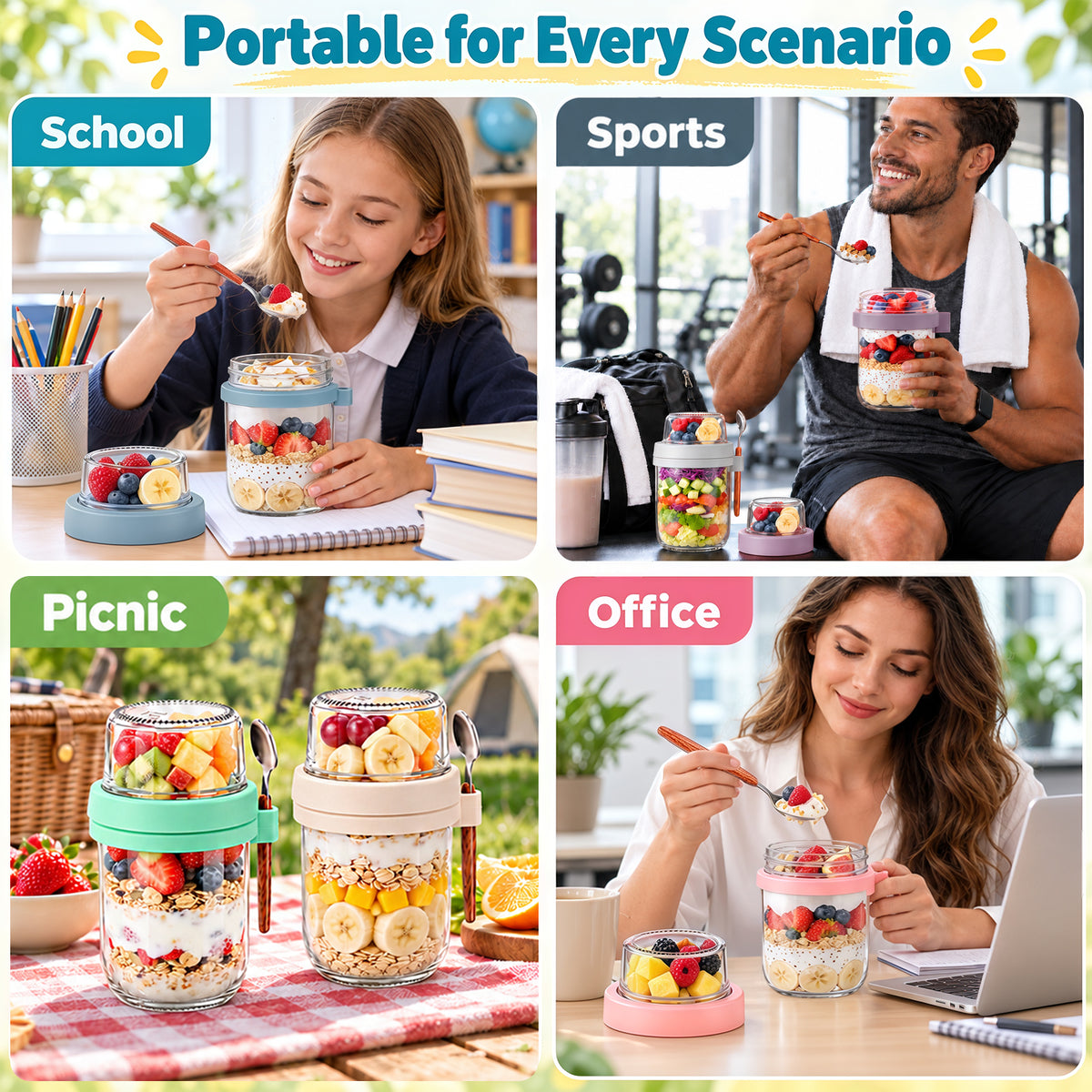 Wynra 6 Pack Dual-Layer Glass Overnight Oats Containers with Lids & Spoons, 16+4 oz Dry-Wet Separation, Leak Proof for Oatmeal, Yogurt & Salad