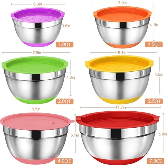 Mixing Bowls with Airtight Lids, AOKIWO 32Pcs Stainless Steel Nesting Non-Slip Bottoms Mixing Serving Bowls Set wtih 3 Grater & Tools Gadgets, 7/4/2.5/2/1.5/1QT Metal Salad Bowls for Serving Preppi