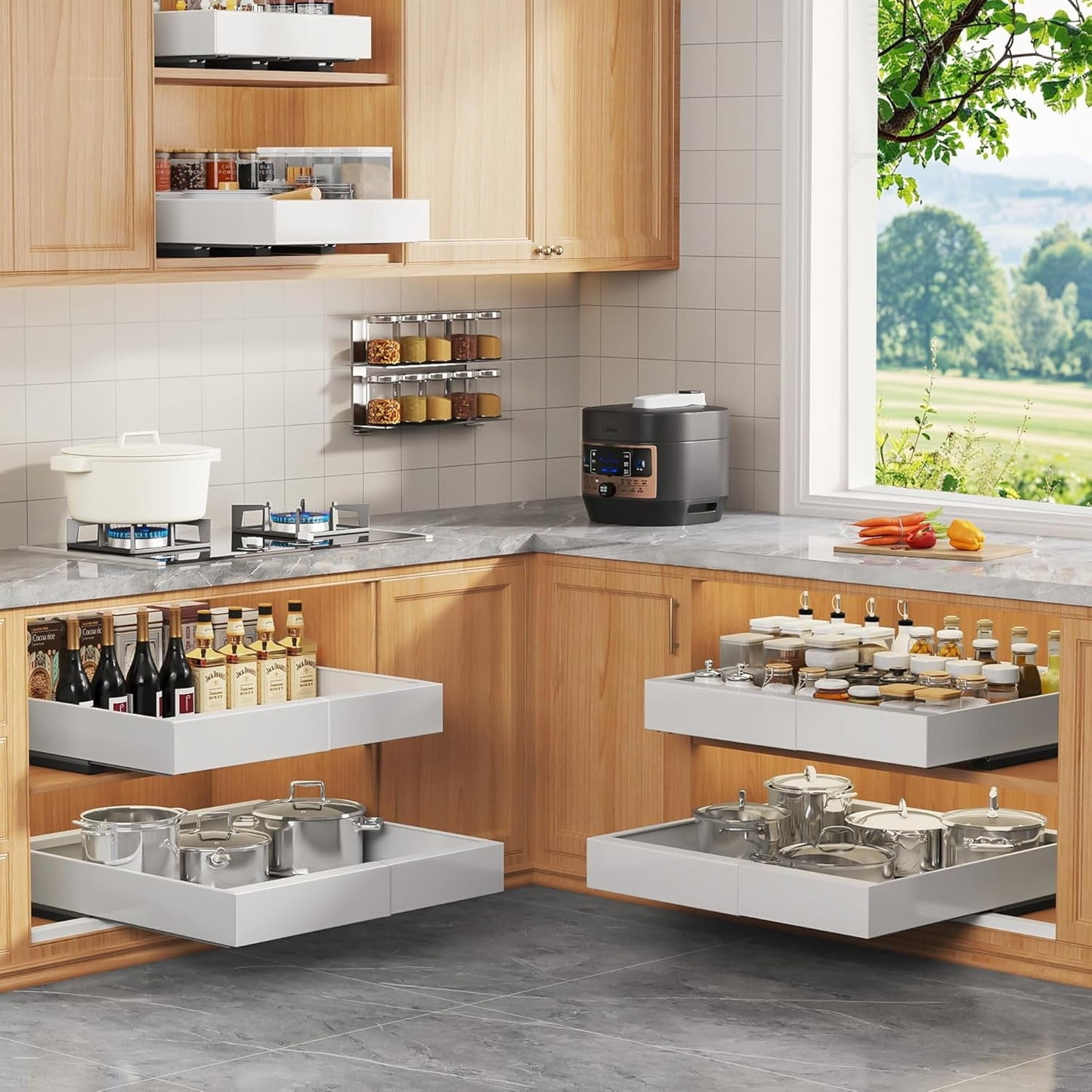 2 Packs Expandable Carbon Steel Pull Out Cabinet Organizer, TAIMASI Upgrade Kitchen Steel 21'' 3 Slide Rails Sliding Organizer Drawers for Cabinets