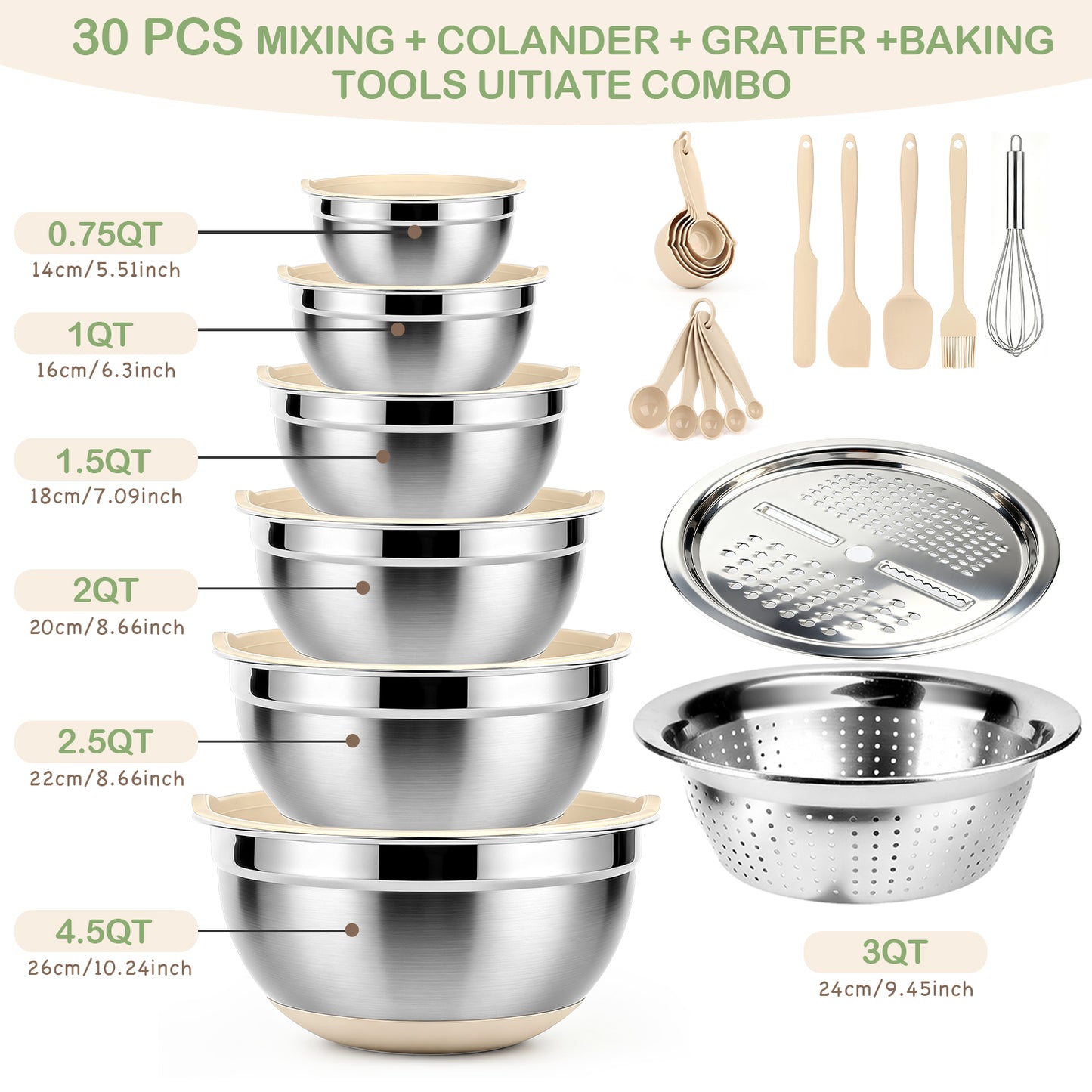 30 PCS Stainless Steel Mixing Bowls Set with Airtight Lids, Non-Slip Silicone Bottom, Colander & Grater, Kitchen Serving Gadgets, Sizes 4.5, 3, 2.5, 2, 1.5, 1, 0.75 QT