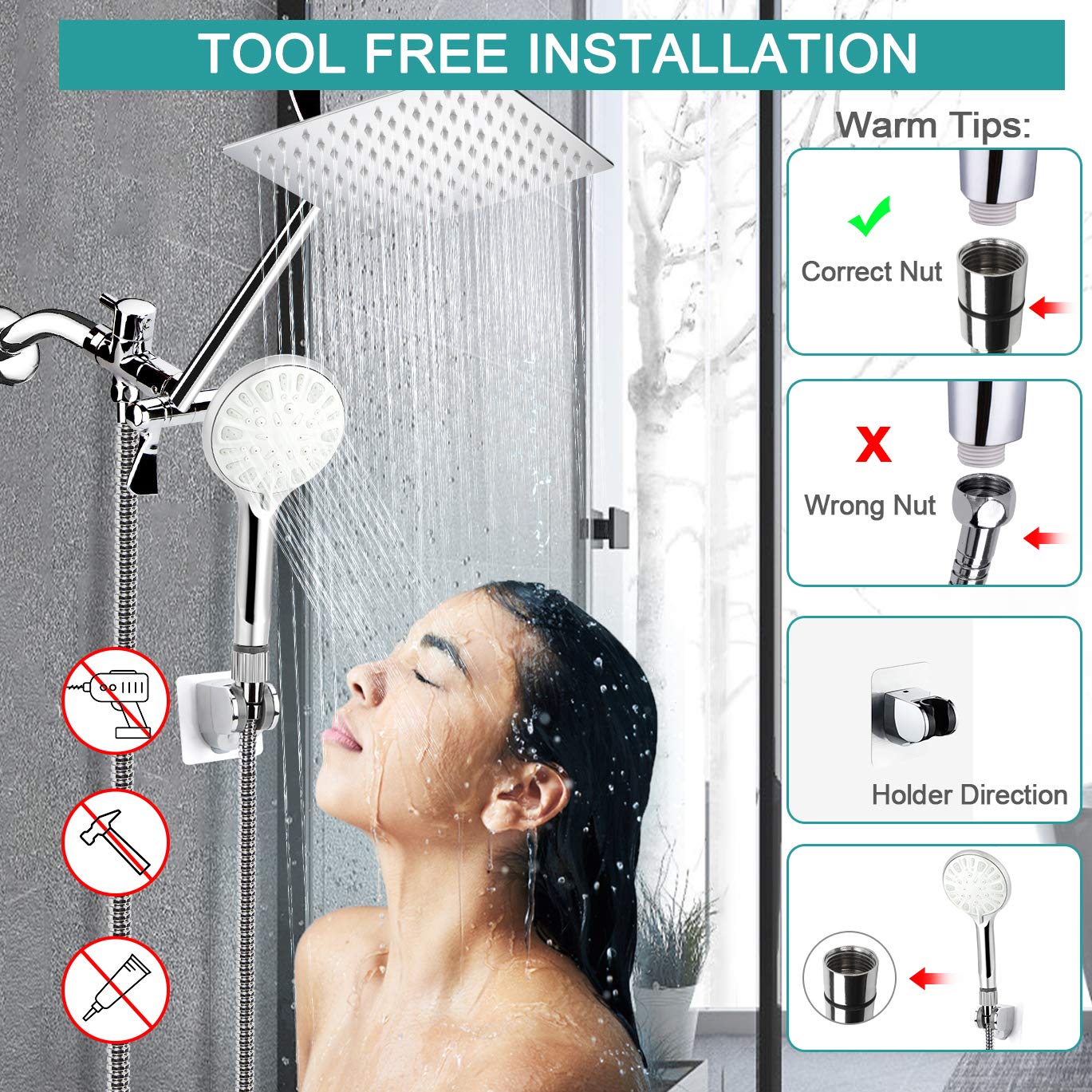Shower Head, 8'' High Pressure Rainfall/Handheld Shower Combo with 11'' Extension Arm, 9 Settings, Anti-leak Shower Head with Holder, Height/Angle Adjustable, Chrome, Matte Black