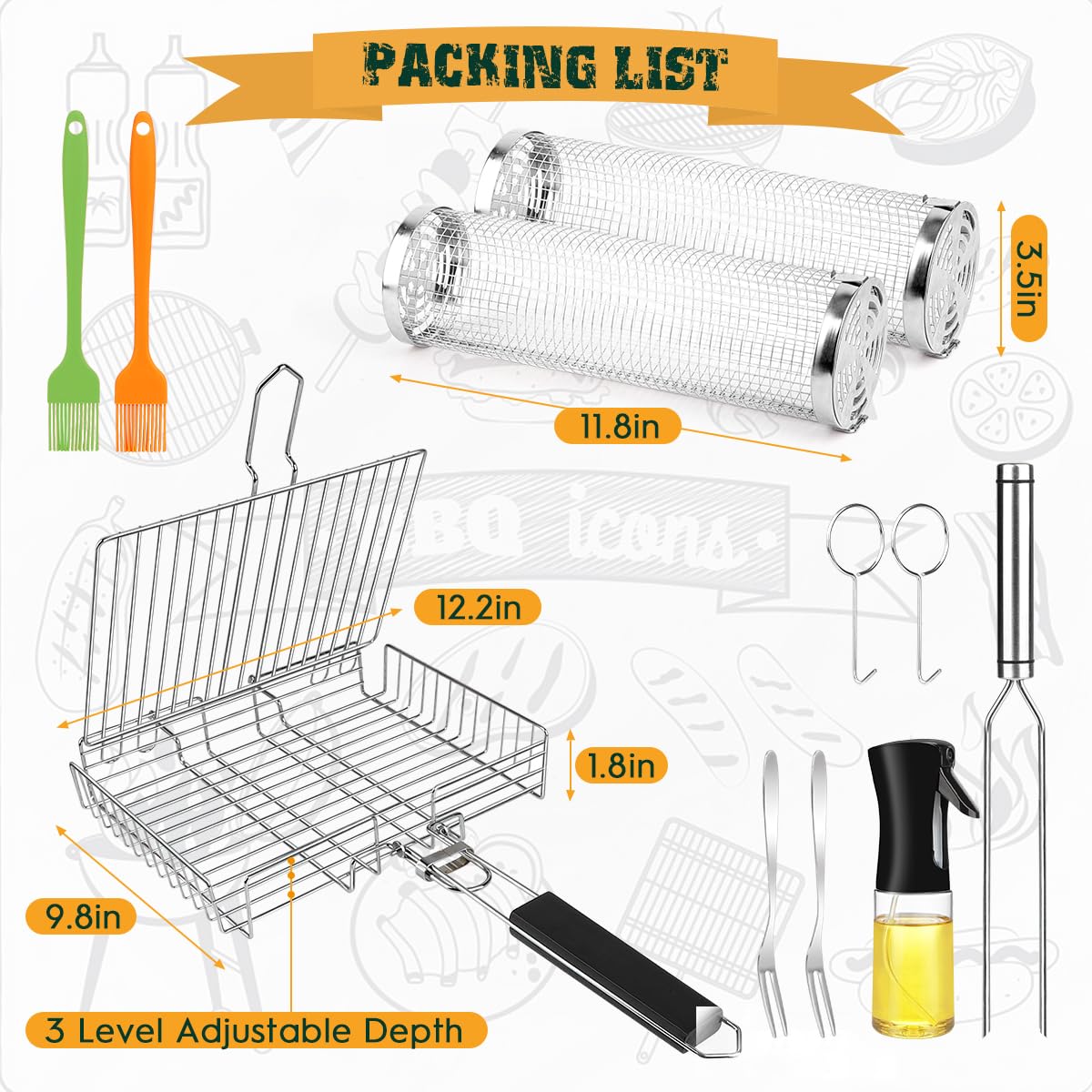 Grill Basket, 11pcs Rolling Grill Baskets For Outdoor Grill