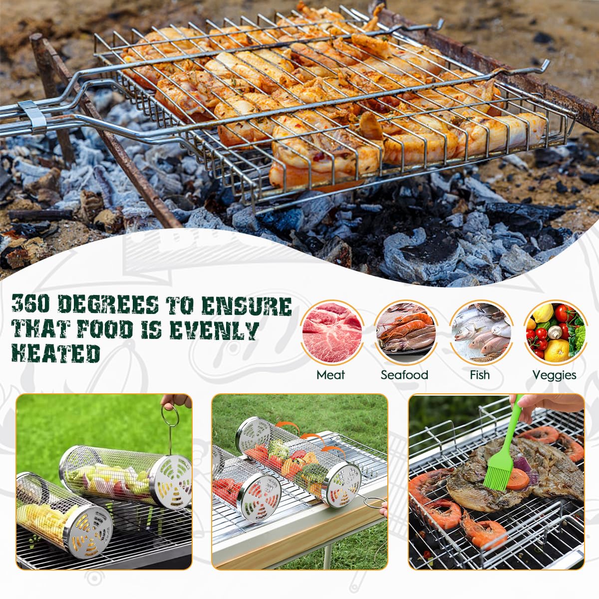 Grill Basket, 11pcs Rolling Grill Baskets For Outdoor Grill