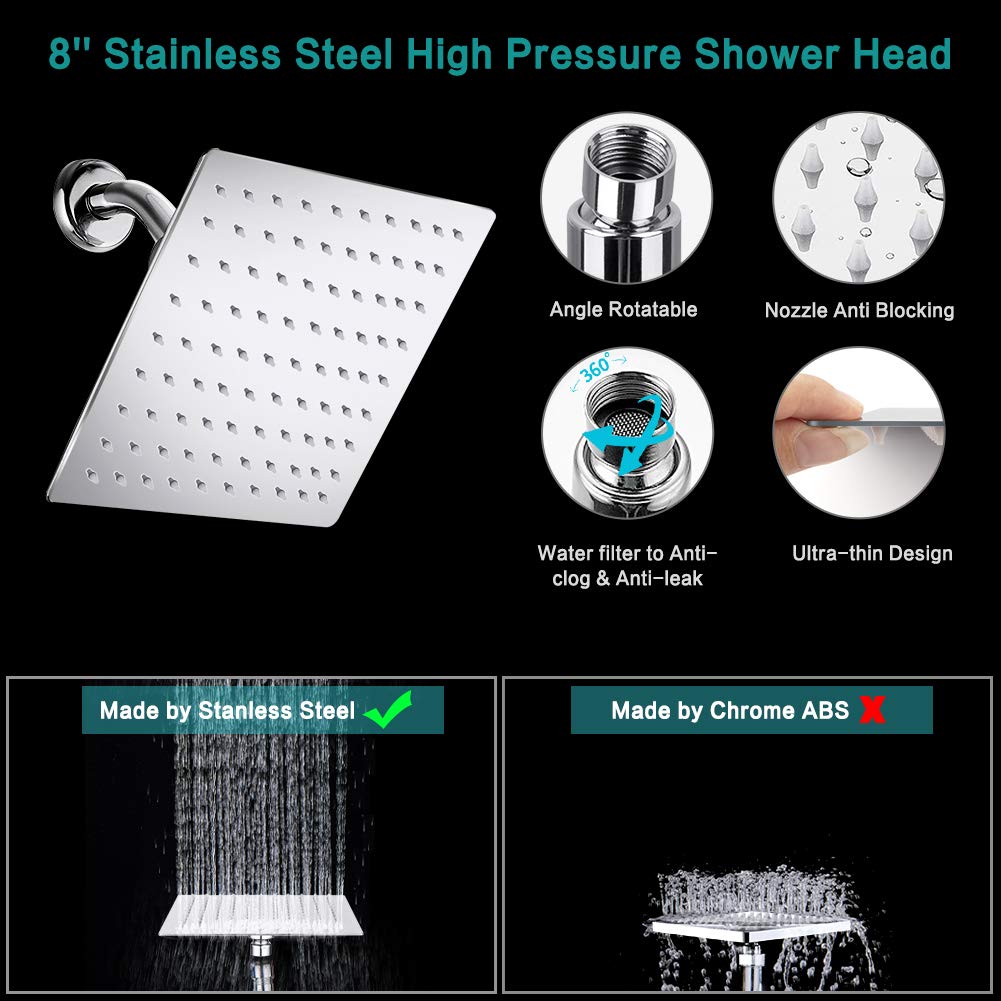 Shower Head, 8'' High Pressure Rainfall/Handheld Shower Combo with 11'' Extension Arm, 9 Settings, Anti-leak Shower Head with Holder, Height/Angle Adjustable, Chrome, Matte Black