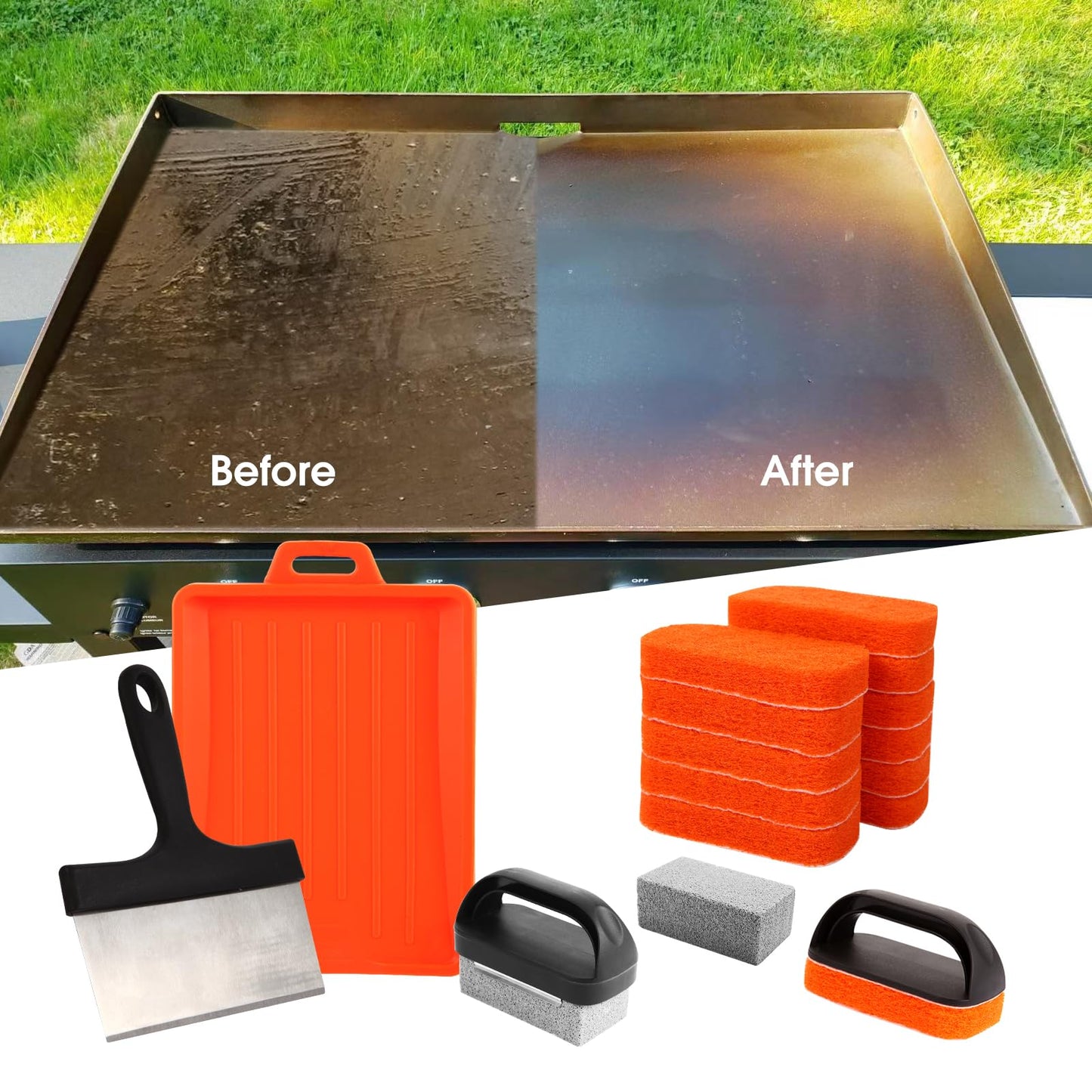 Upgraded Griddle Cleaning Kit for Blackstone 18 Pieces Flat Top Grill Accessories Cleaner Tool Set with Scraper, Heat-Resistant Silicone Spatula Mat with Hanger, Grill Brick, Scouring Pads